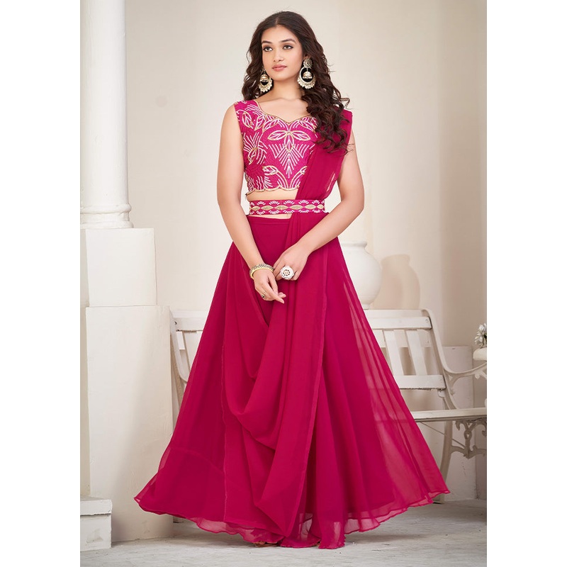 3 Pc Pink Silk Semi Stitched Lehenga Set - JD986584119