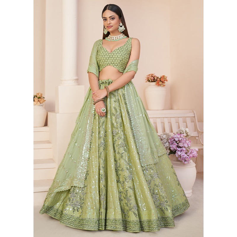 3 Pc Pista Green Georgette Semi Stitched Lehenga Set - JD986584116