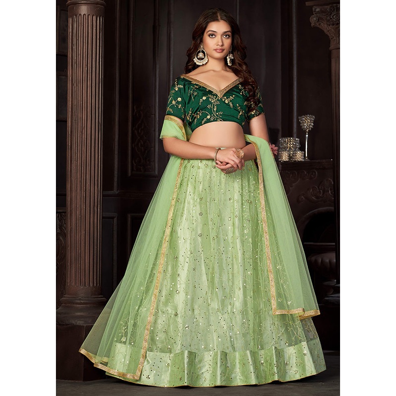 3 Pc Pista Green Net Semi Stitched Lehenga Set - JD986584111