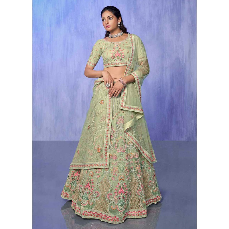 3 Pc Pista Green Net Semi Stitched Lehenga Set - JD986584112
