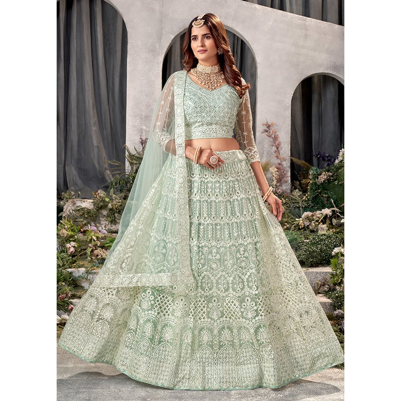 3 Pc Pista Green Net Semi Stitched Lehenga Set - JD986584113