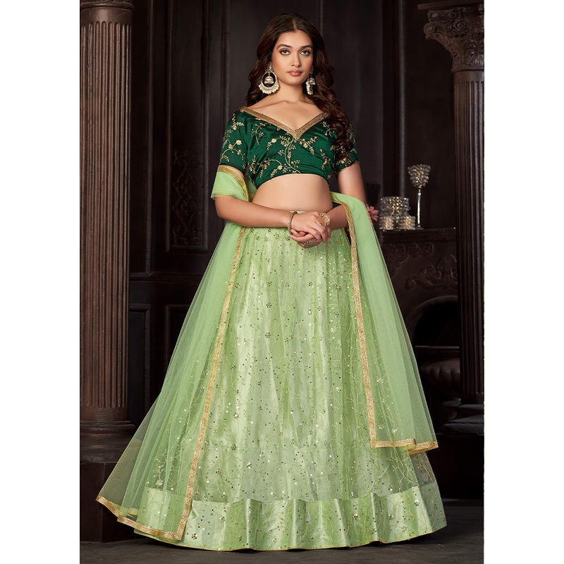 3 Pc Pista Green Net Semi Stitched Lehenga Set - JD986584114