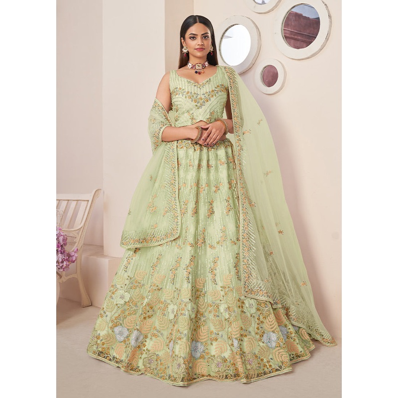 3 Pc Pista Green Pure Net Semi Stitched Lehenga Set - JD986584110