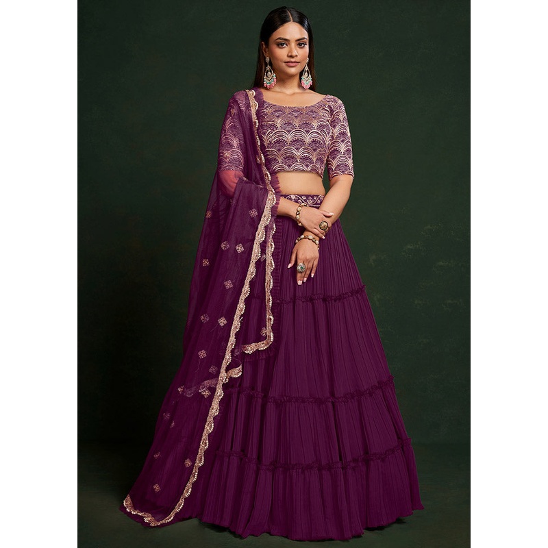 3 Pc Purple Georgette Semi Stitched Lehenga Set - JD986584107
