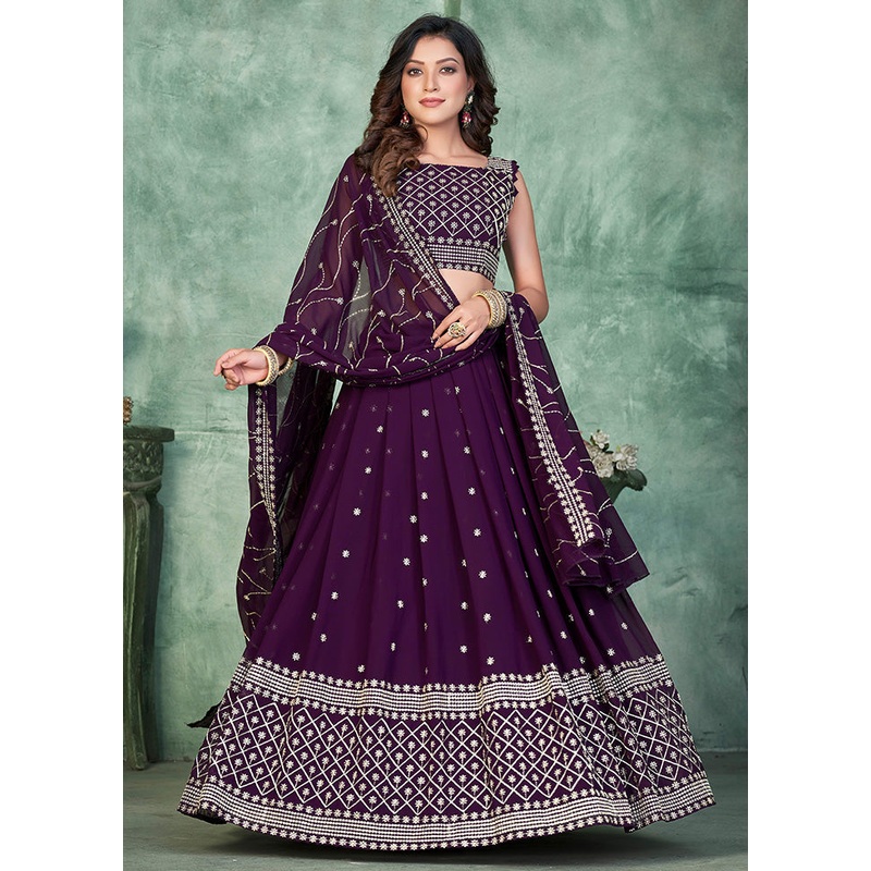 3 Pc Purple Georgette Semi Stitched Lehenga Set - JD986584109