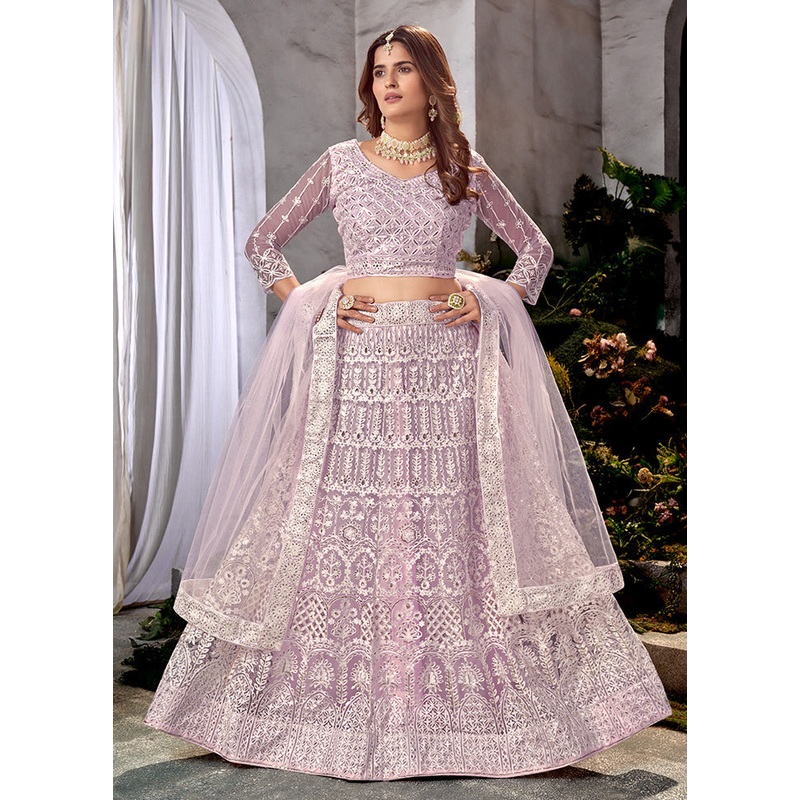3 Pc Purple Net Semi Stitched Lehenga Set - JD986584106