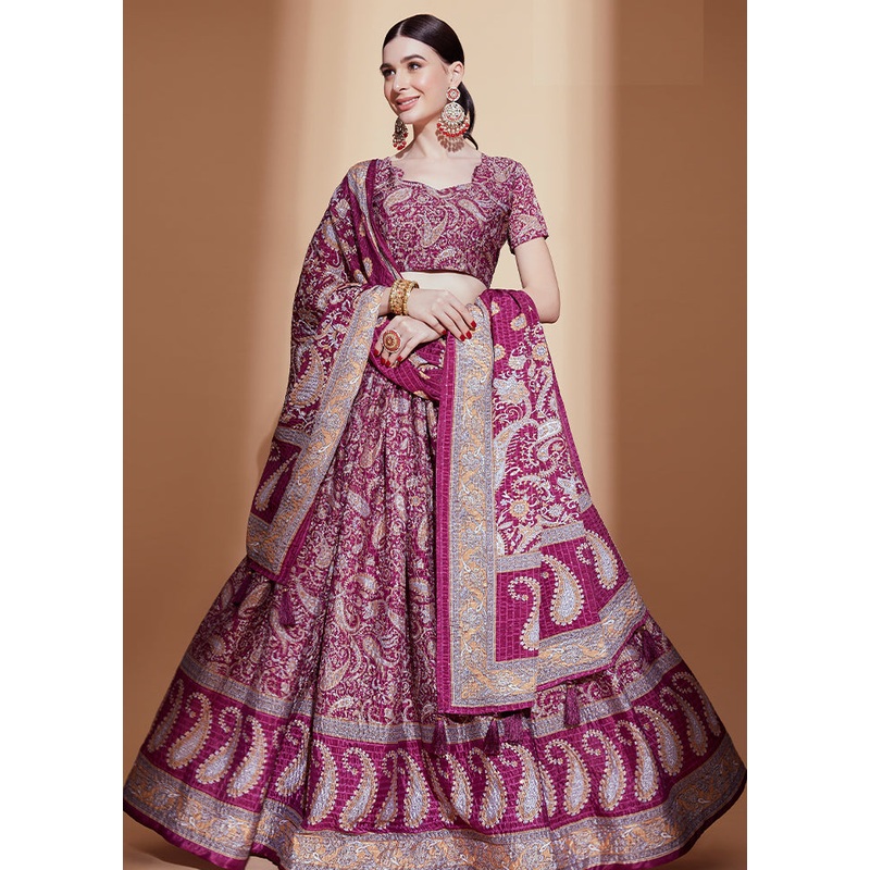 3 Pc Purple Silk Semi Stitched Lehenga Set - JD986584105