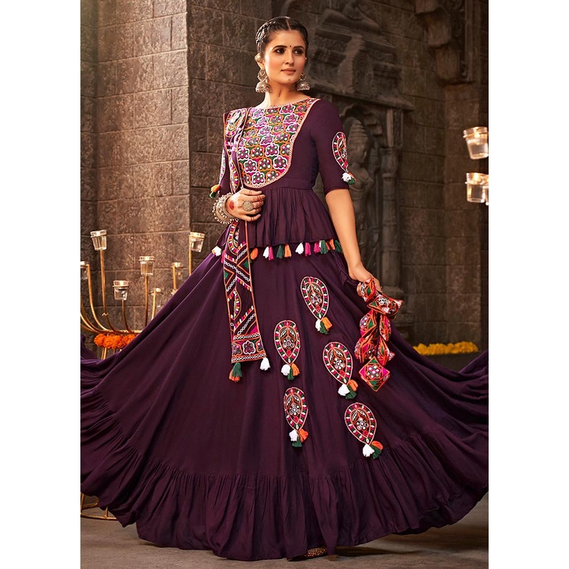 3 Pc Purple Viscose Semi Stitched Lehenga Set - JD986584104