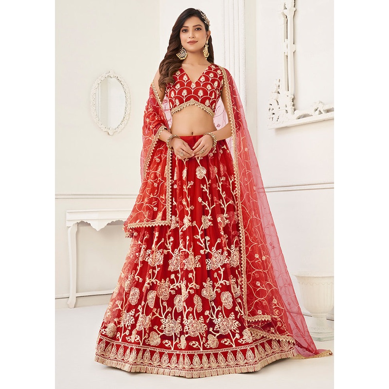 3 Pc Red Net Semi Stitched Lehenga Set - JD986584102