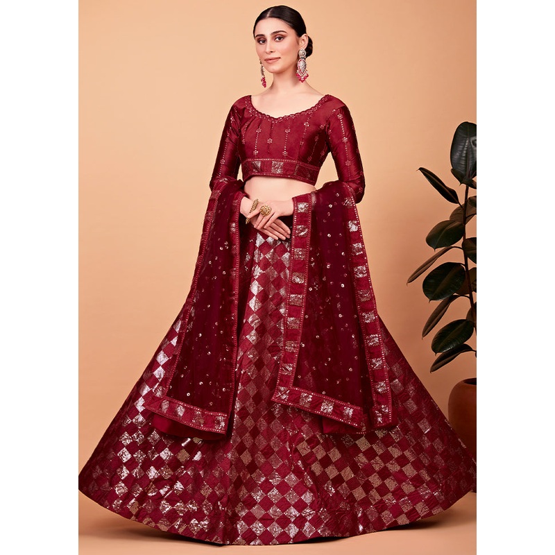 3 Pc Red Silk Semi Stitched Lehenga Set - JD986584101