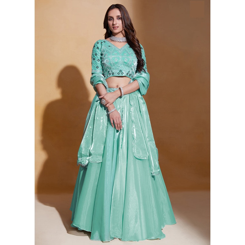 3 Pc Sea Green Net Semi Stitched Lehenga Set - JD986584098