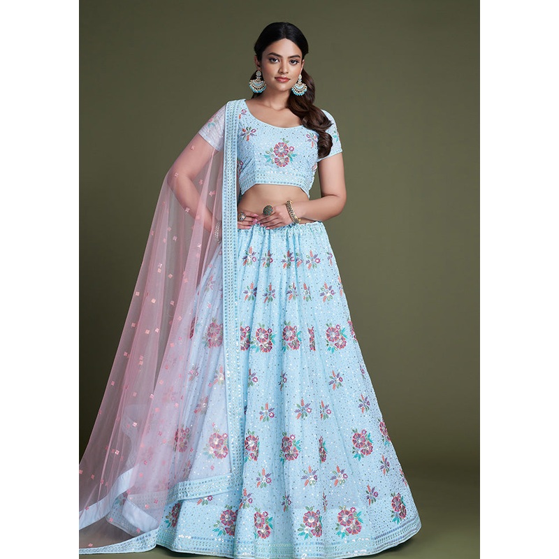 3 Pc Sky Blue Georgette Semi Stitched Lehenga Set - JD986584096