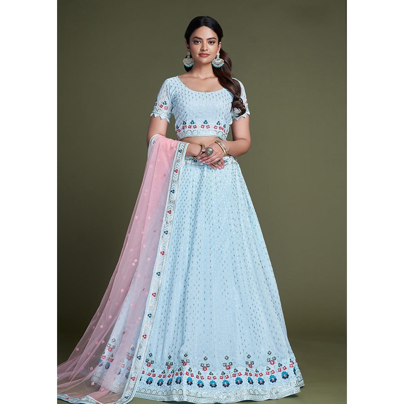 3 Pc Sky Blue Georgette Semi Stitched Lehenga Set - JD986584097
