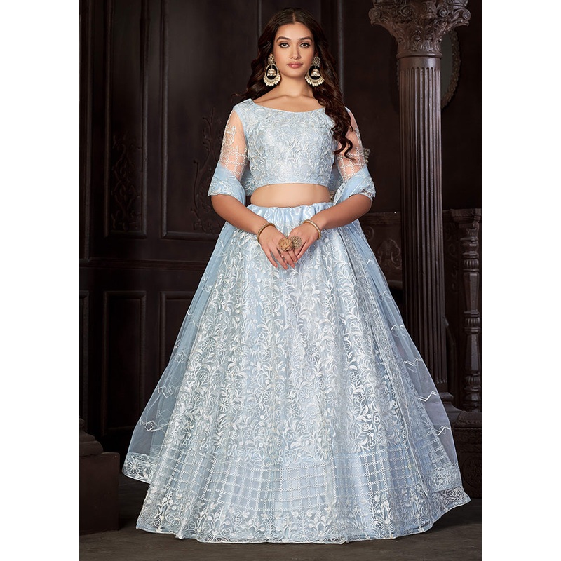 3 Pc Sky Blue Net Semi Stitched Lehenga Set - JD986584095