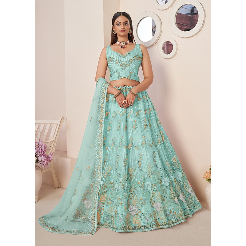 3 Pc Sky Blue Pure Net Semi Stitched Lehenga Set - JD986584094