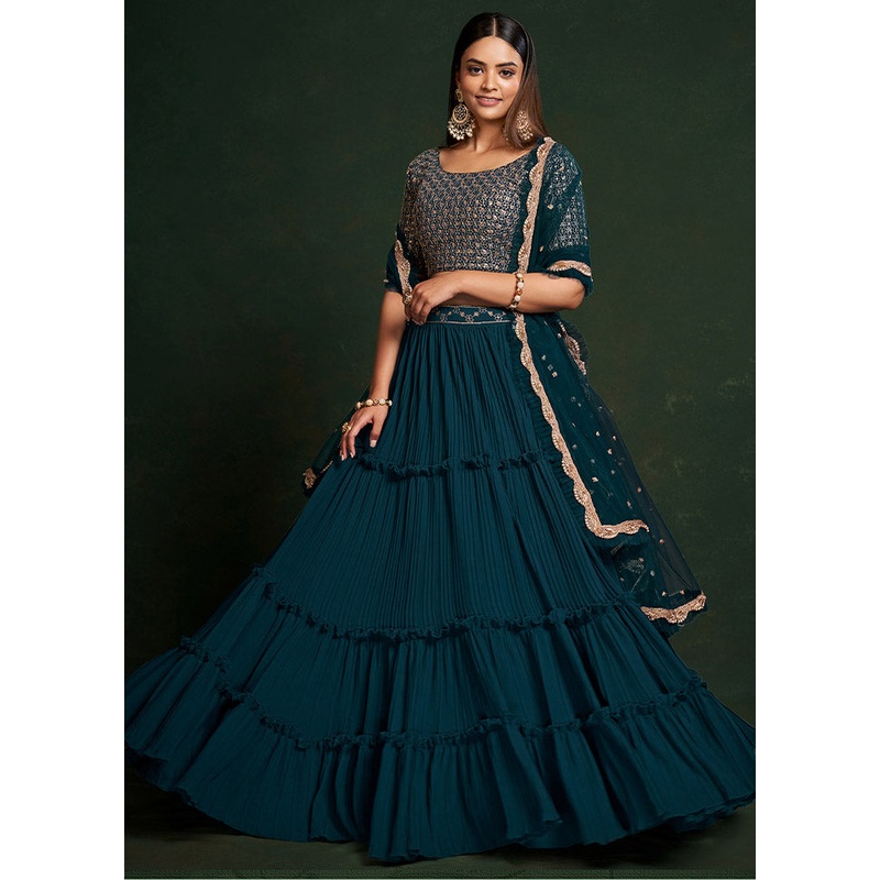 3 Pc Teal Blue Georgette Semi Stitched Lehenga Set - JD986584093