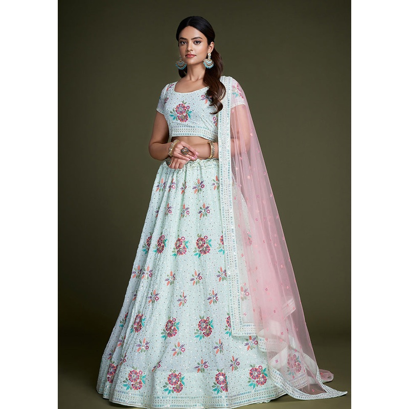 3 Pc Turquoise Georgette Semi Stitched Lehenga Set - JD986584092