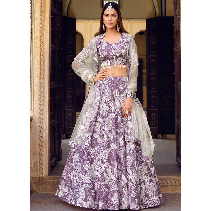 3 Pc Voilet Silk Semi Stitched Lehenga Set - JD986584090