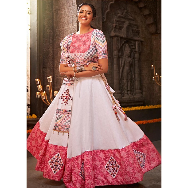 3 Pc White Cotton Semi Stitched Lehenga Set - JD986584088
