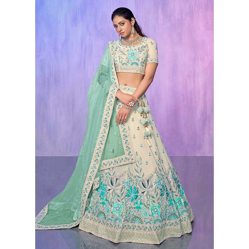 3 Pc White Georgette Semi Stitched Lehenga Set - JD986584087