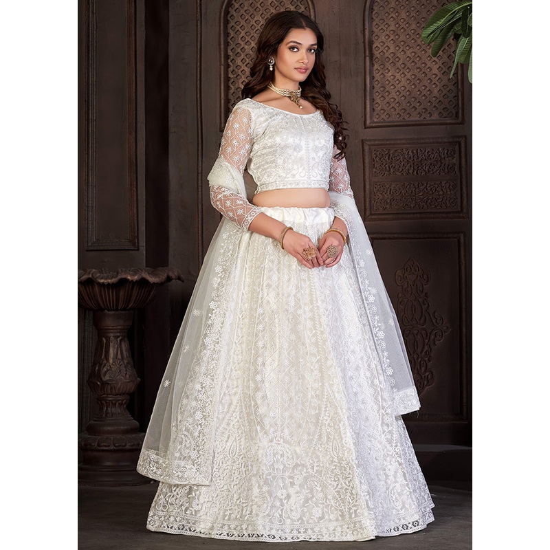 3 Pc White Net Semi Stitched Lehenga Set - JD986584086