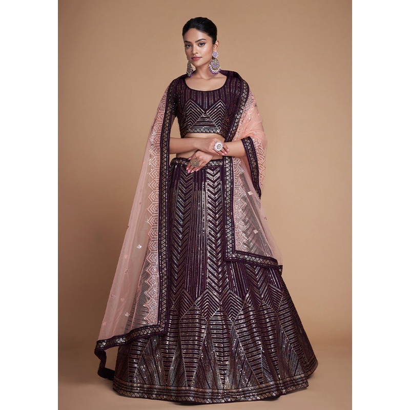 3 Pc Wine Georgette Semi Stitched Lehenga Set - JD986584083