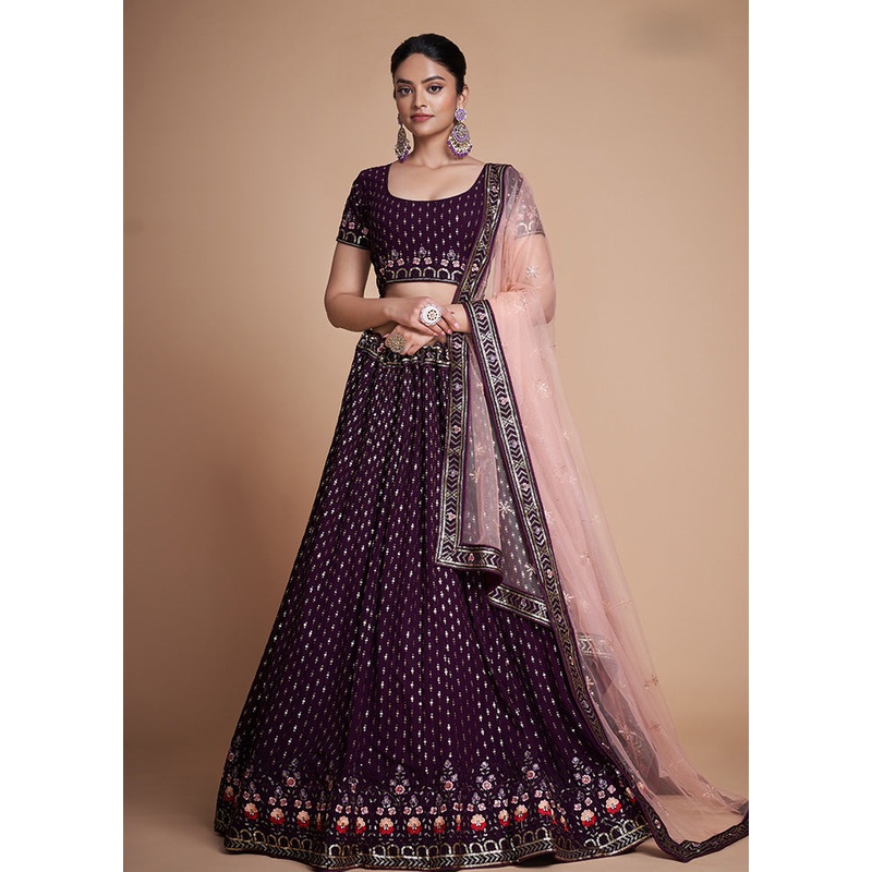 3 Pc Wine Georgette Semi Stitched Lehenga Set - JD986584084