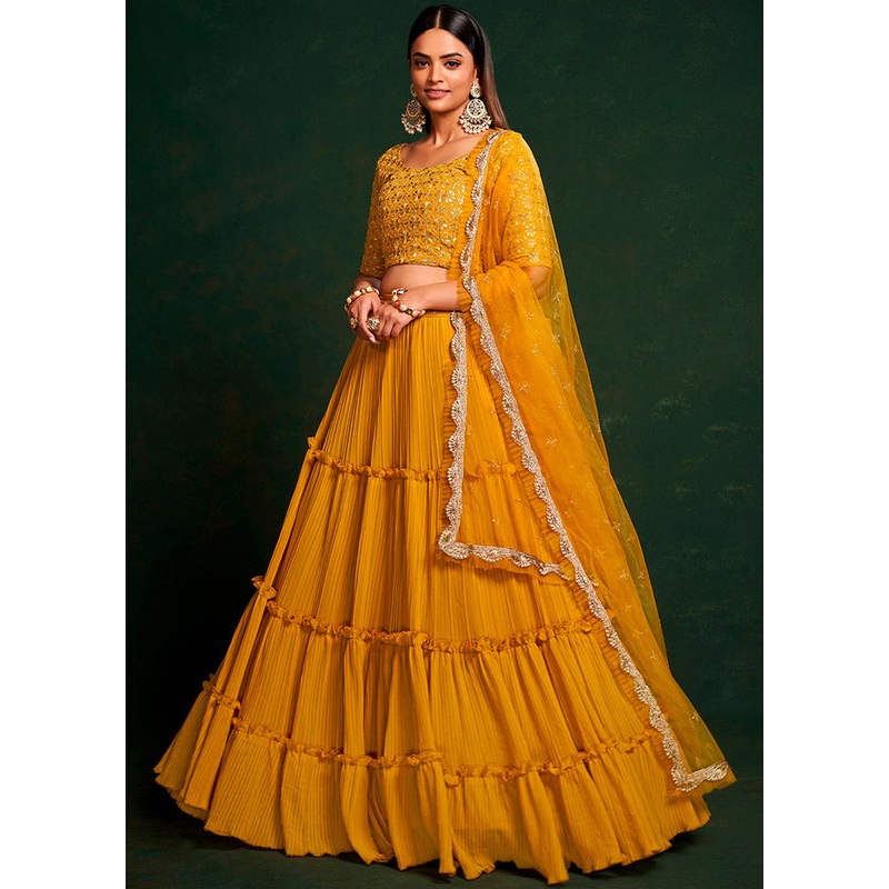 3 Pc Yellow Georgette Semi Stitched Lehenga Set - JD986584082