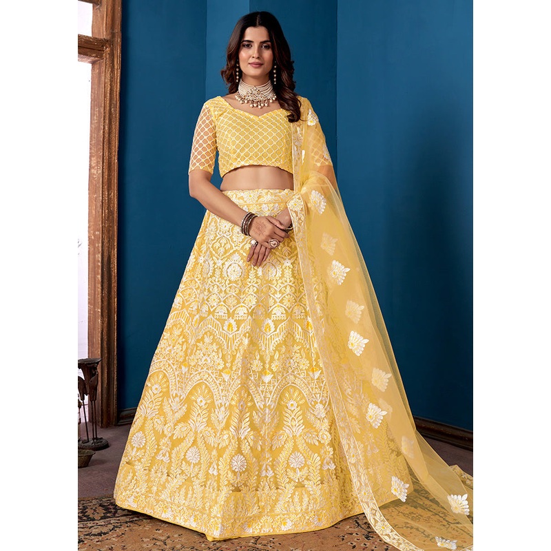 3 Pc Yellow Net Semi Stitched Lehenga Set - JD986584081