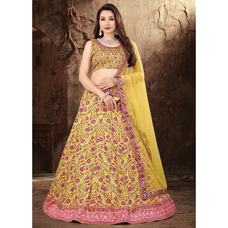 3 Pc Yellow Silk Semi Stitched Lehenga Set - JD986584079
