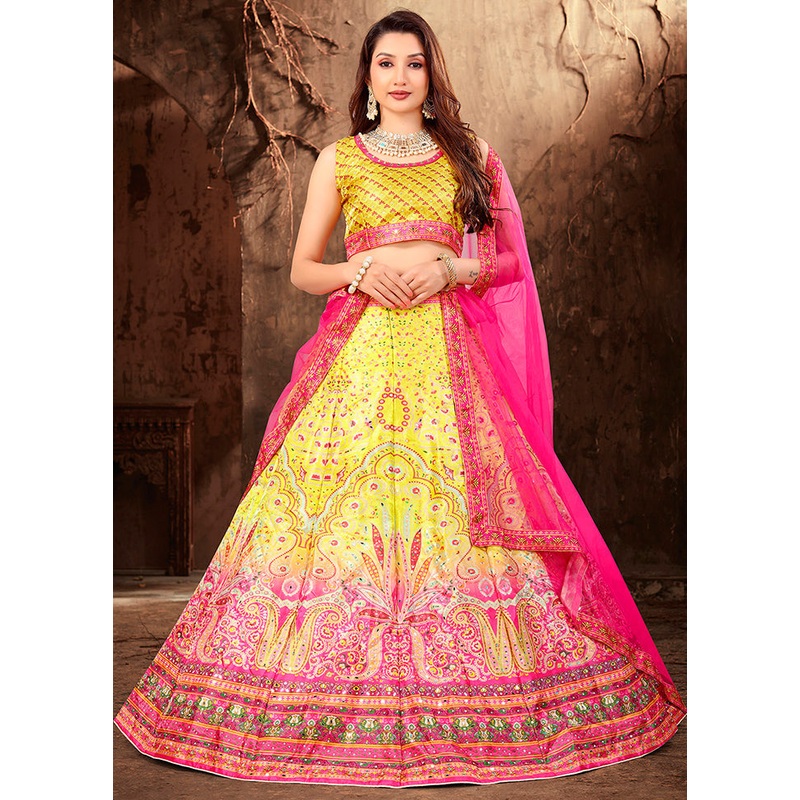 3 Pc Yellow Silk Semi Stitched Lehenga Set - JD986584080