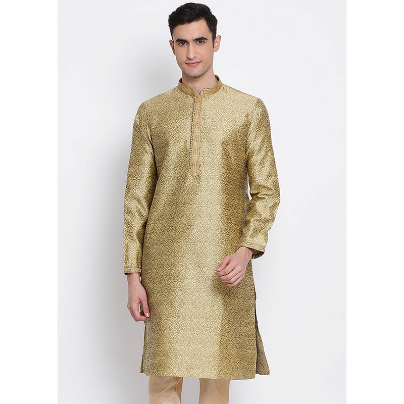 Golden Woven Silk Kurta - JD986584035