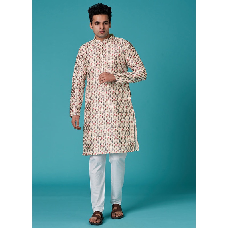 Multicolor Mandarin Collar Dupion Silk Kurta - JD986584001