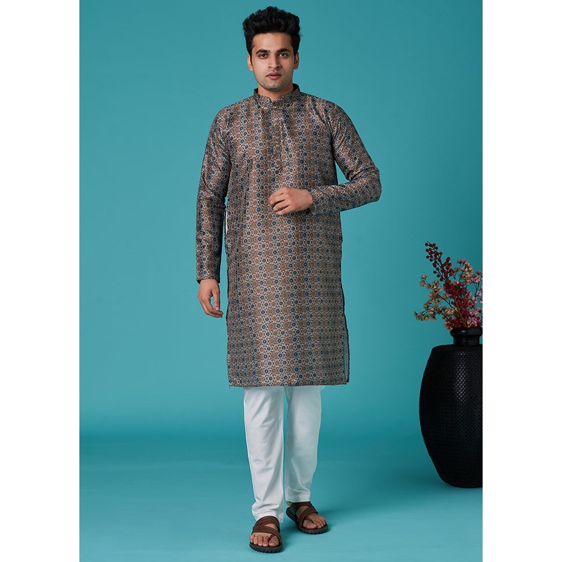 Multicolor Mandarin Collar Dupion Silk Kurta - JD986584002