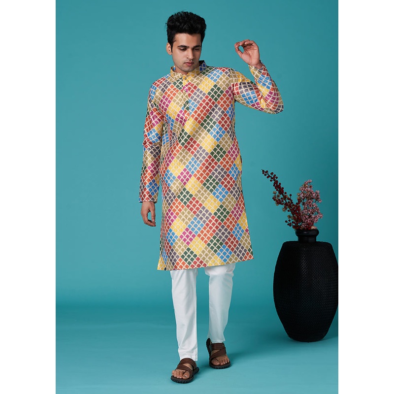 Multicolor Mandarin Collar Dupion Silk Kurta - JD986584003