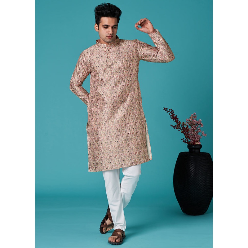 Multicolor Mandarin Collar Dupion Silk Kurta - JD986584005