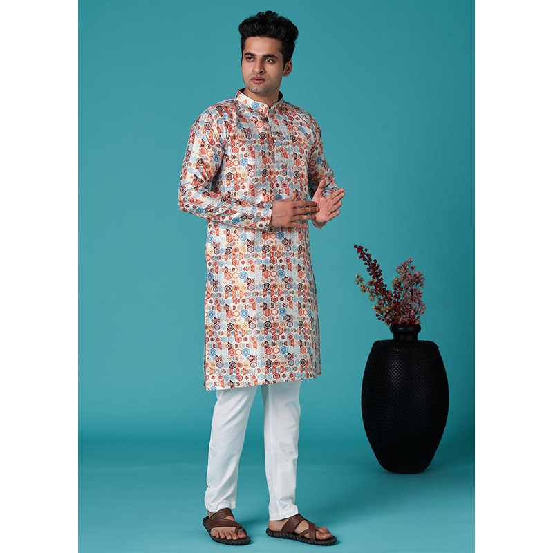 Multicolor Mandarin Collar Dupion Silk Kurta - JD986584006