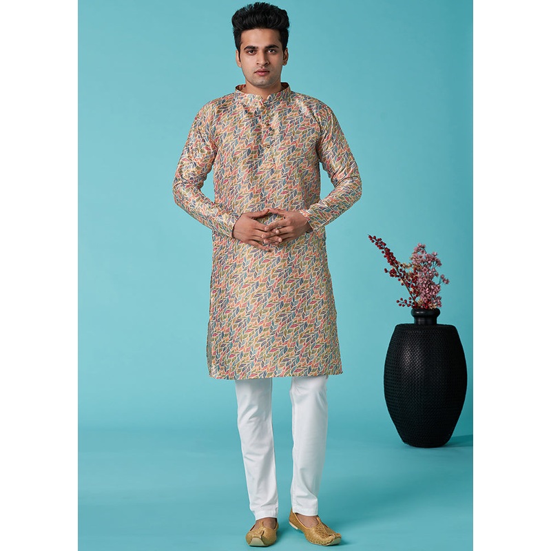 Multicolor Mandarin Collar Dupion Silk Kurta - JD986584007