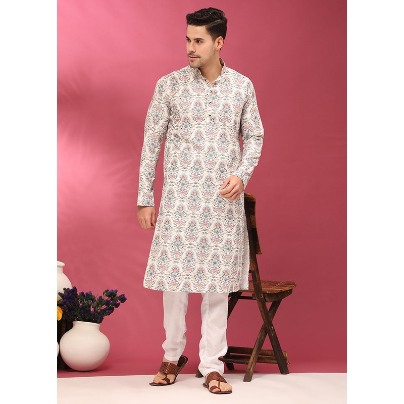 Multicolor Mandarin Collar Dupion Silk Kurta - JD986584008