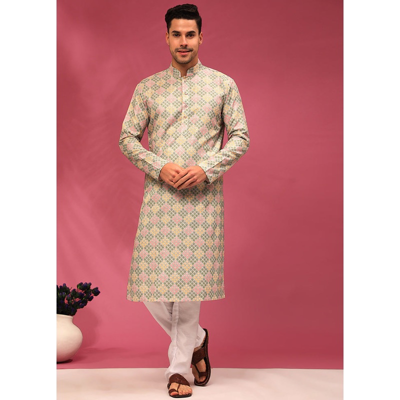 Multicolor Mandarin Collar Dupion Silk Kurta - JD986584010