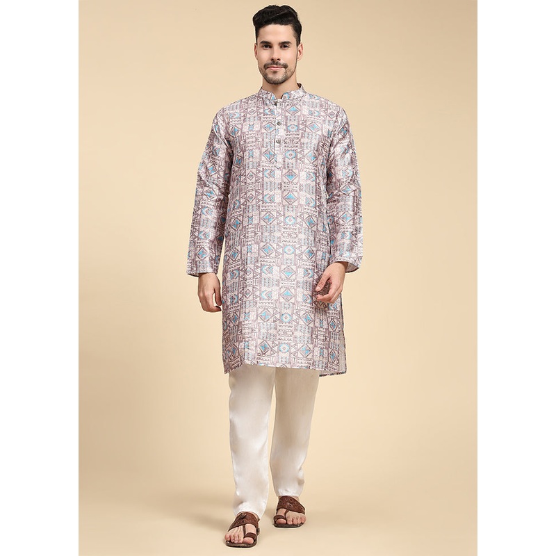 Multicolor Mandarin Collar Dupion Silk Kurta - JD986584013