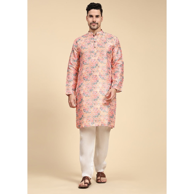 Multicolor Mandarin Collar Dupion Silk Kurta - JD986584014