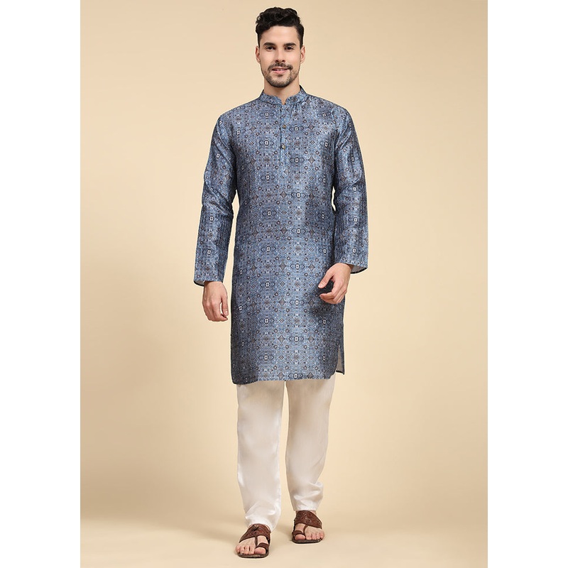 Multicolor Mandarin Collar Dupion Silk Kurta - JD986584015