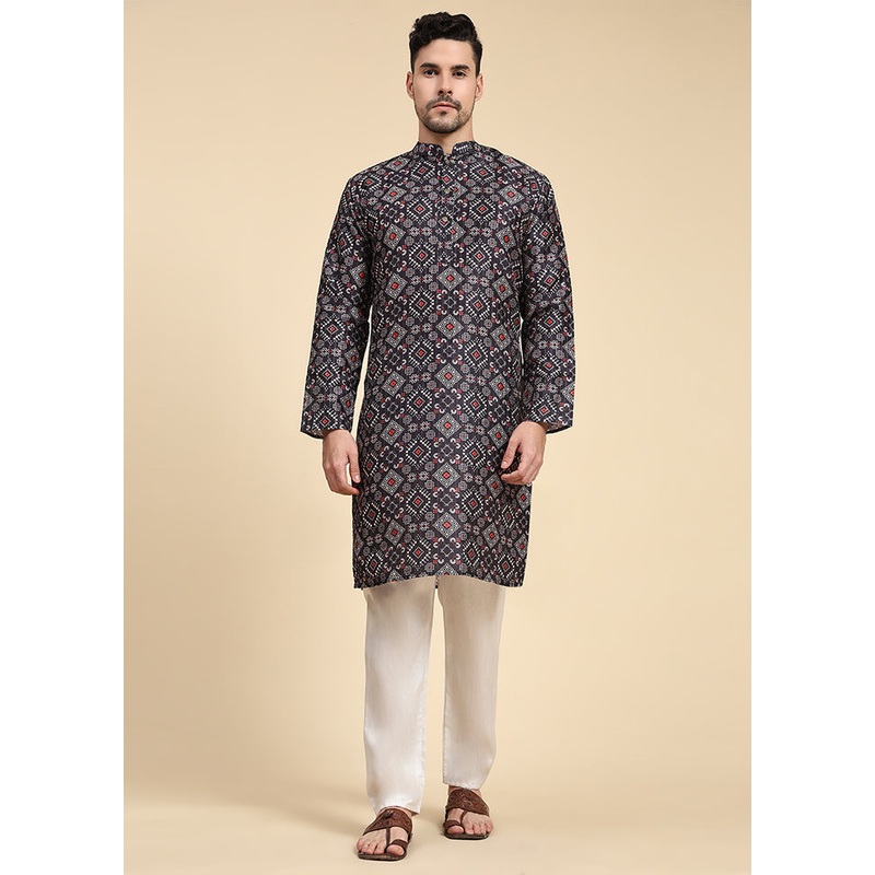 Multicolor Mandarin Collar Dupion Silk Kurta - JD986584016