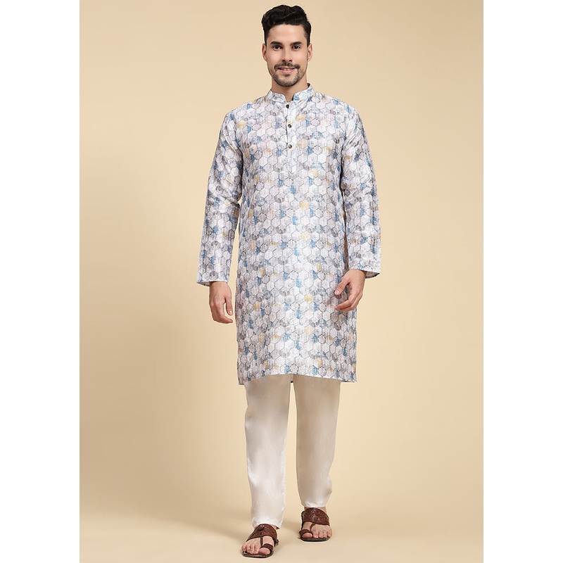 Multicolor Mandarin Collar Dupion Silk Kurta - JD986584017