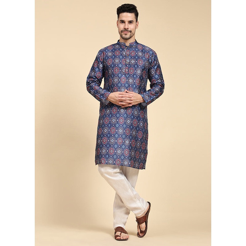 Multicolor Mandarin Collar Dupion Silk Kurta - JD986584018