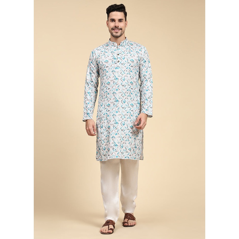 Multicolor Mandarin Collar Dupion Silk Kurta - JD986584019