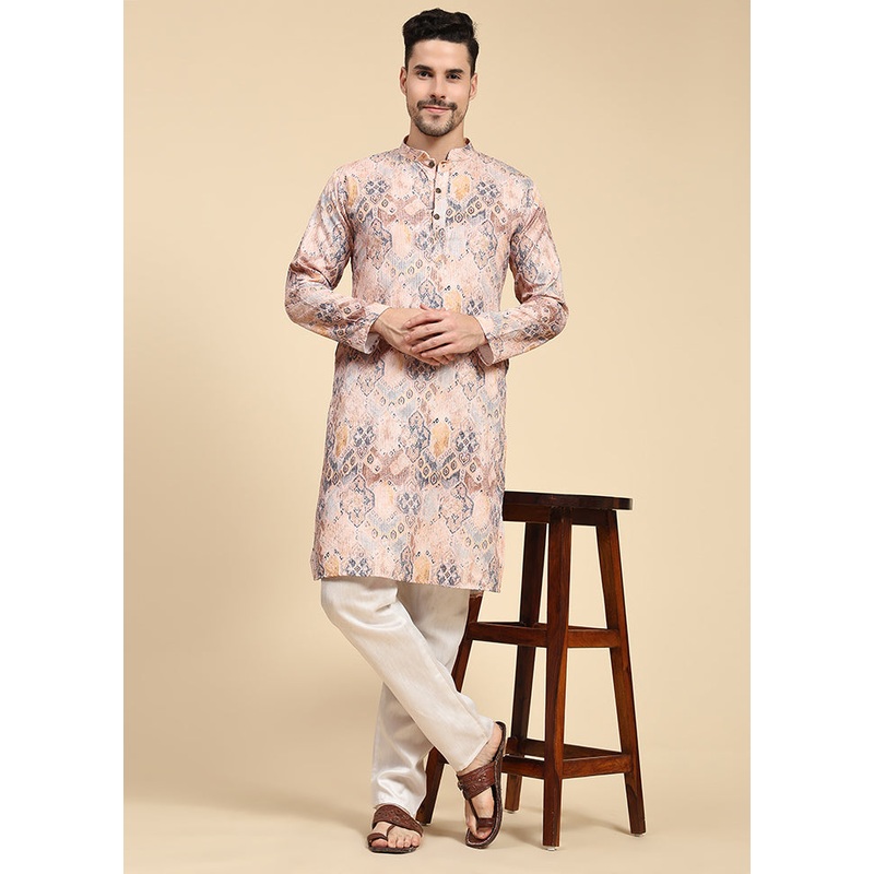 Multicolor Mandarin Collar Dupion Silk Kurta - JD986584020