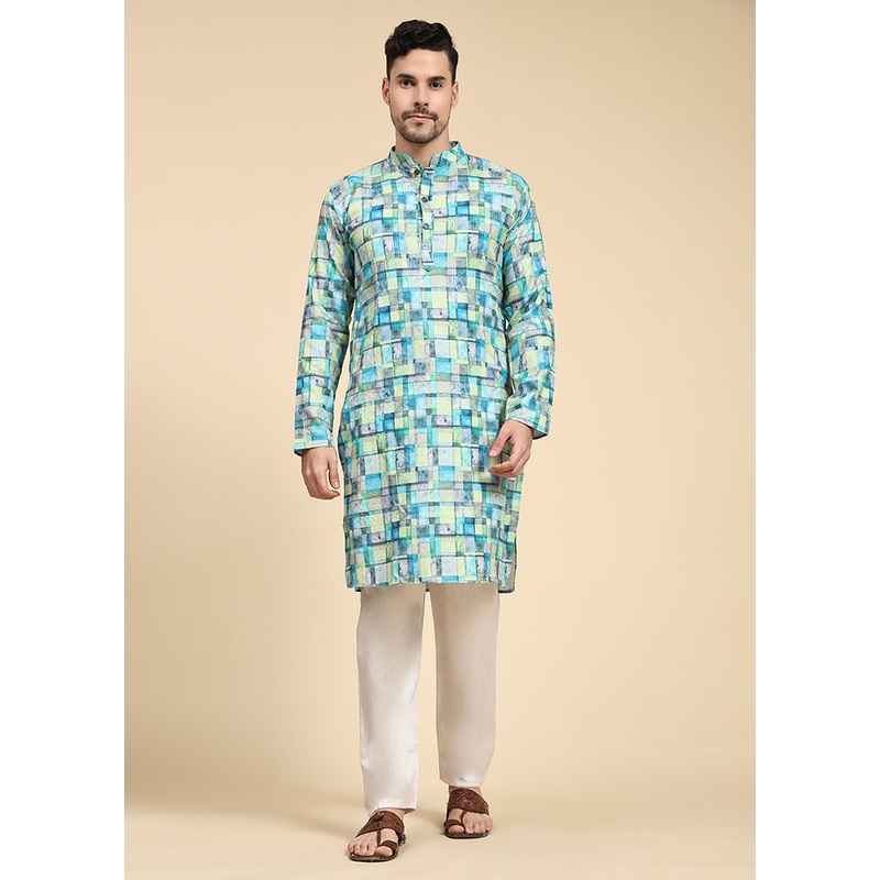 Multicolor Mandarin Collar Dupion Silk Kurta - JD986584021