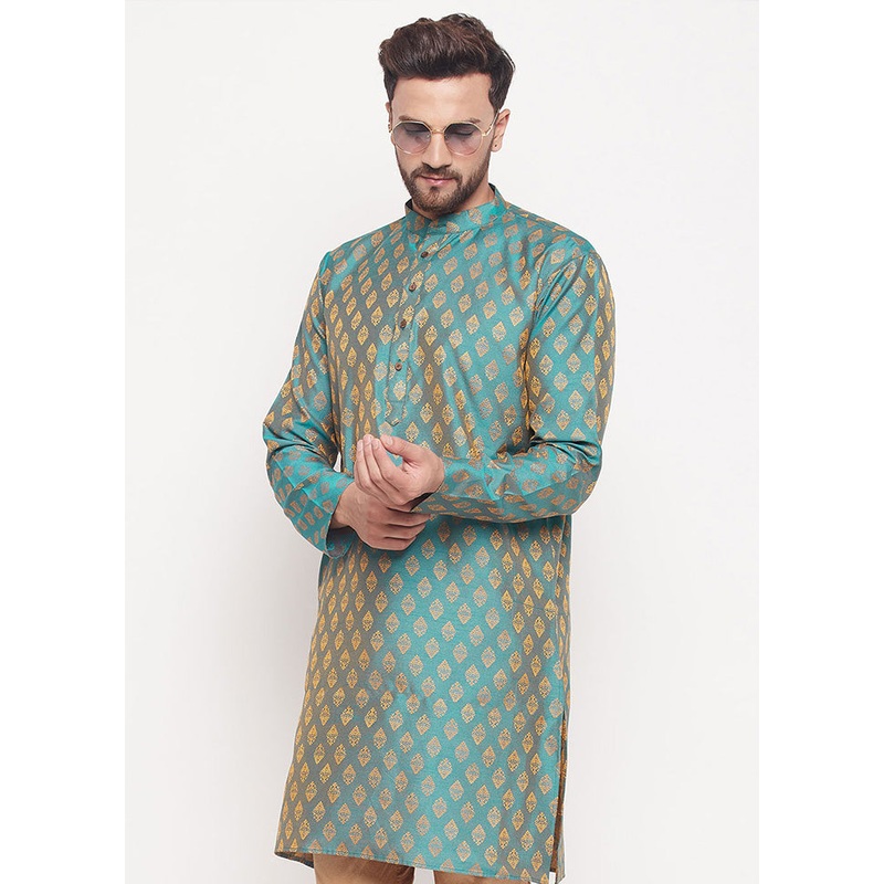 Turquoise Readymade Silk Kurta - JD986583982